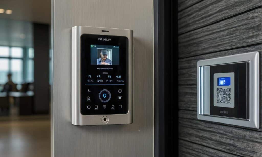 Indoor Akuvox video intercom screen showing a visitor beside a QR code reader