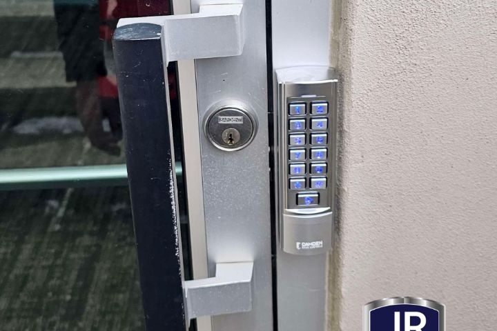 Keypad door lock on a glass entrance door