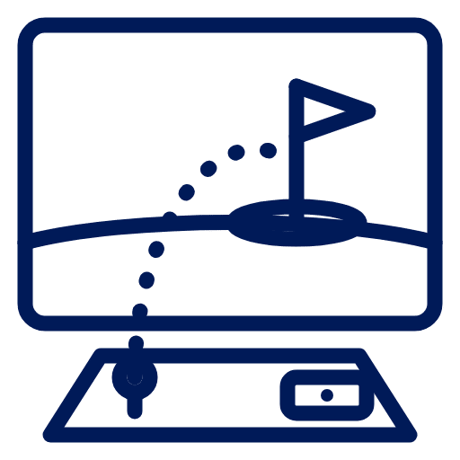 Golf simulator icon of an impact screen, flag and ball on a hitting mat