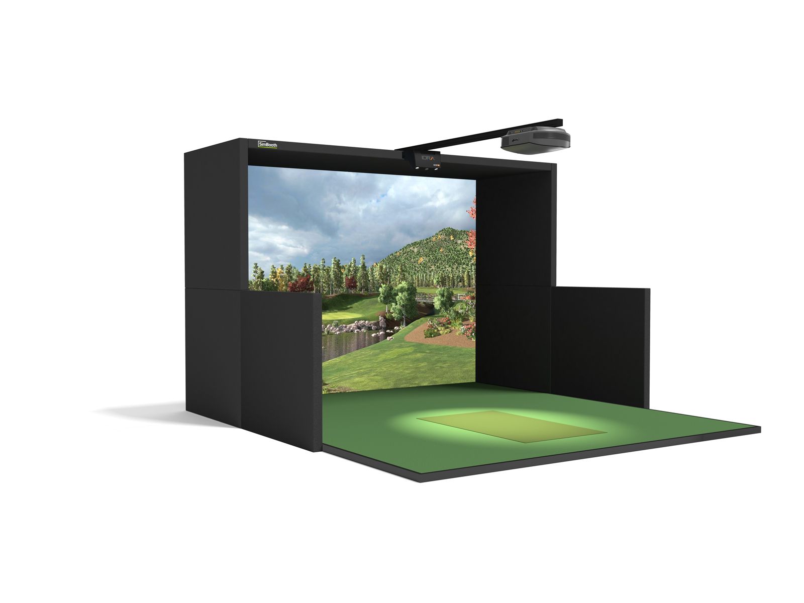 SimBooth golf simulator enclosure with impact screen, hitting mat and overhead launch monitor