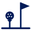 Golf ball on a tee beside a flag, navy line icon