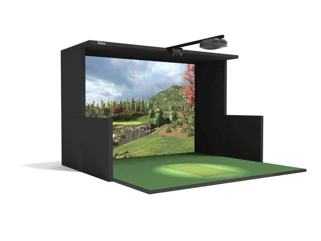 Golf simulator enclosure with impact screen, hitting mat and overhead launch monitor