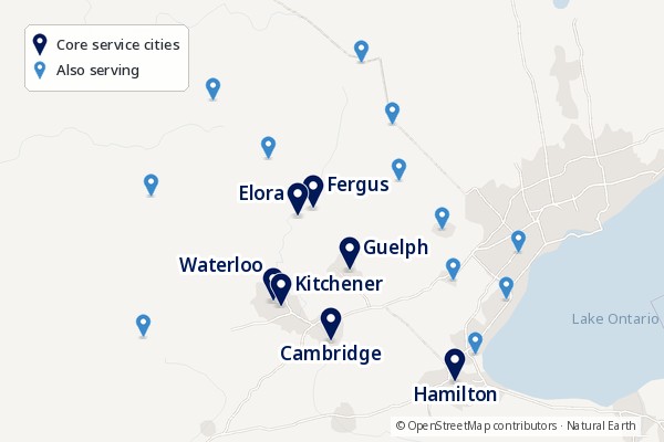 Map of JR Security Solutions' service area in Southern Ontario. Labelled navy pins mark Guelph, Fergus, Elora, Kitchener, Waterloo, Cambridge and Hamilton, and blue pins mark the surrounding towns we serve, from Shelburne and Listowel to Stratford, Burlington and Mississauga.