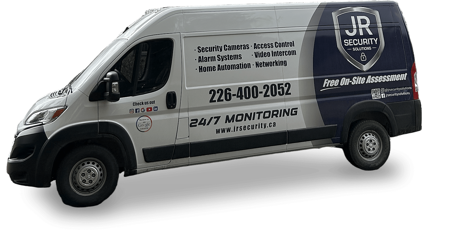 JR Security Solutions Ram ProMaster service van with security camera, alarm and 24/7 monitoring graphics