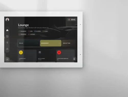 Josh.ai wall-mounted touchscreen showing a room control screen titled Lounge